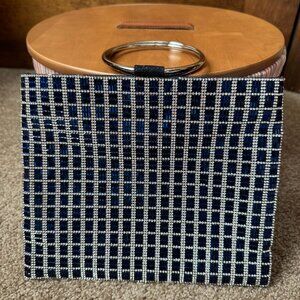 Nina Sandia Blue & Diamond Crystal Embellished Evening Bag w/Silver Rings Handle